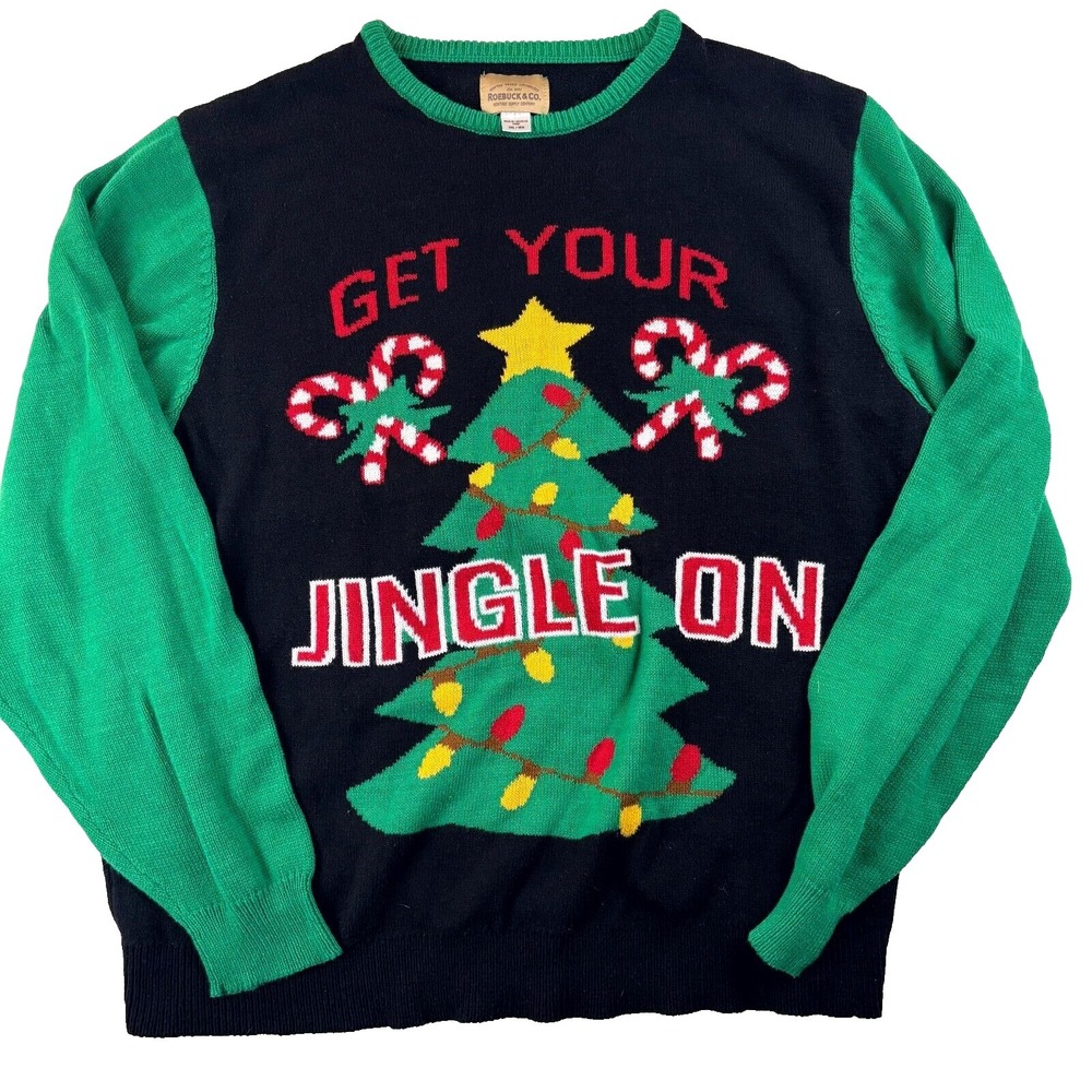 Roebuck & Co. Ugly Christmas Sweater Men 2XL Black Green Knit Get Your Jingle On